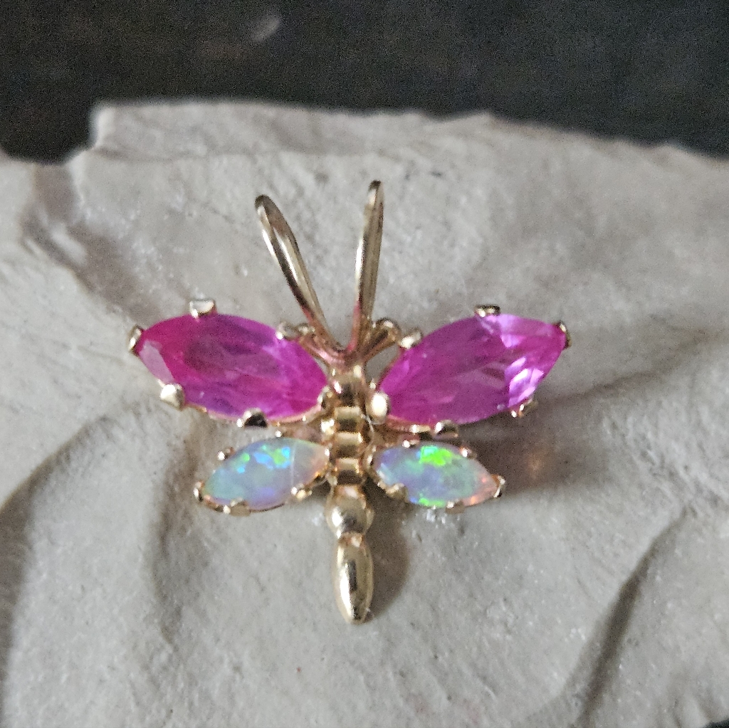 10k Pink Sapphire And Opal Dragonfly Pendant